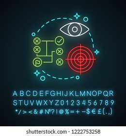 Strategic vision neon light concept icon. Business strategy idea. Goal achieving. Strategic thinking. Planning. Glowing sign with alphabet, numbers and symbols. Vector isolated illustration