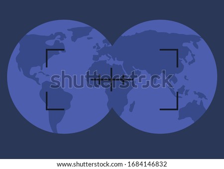 strategic vision, thinking and planning, looking on the world map through the binoculars, spying, global marketing research
