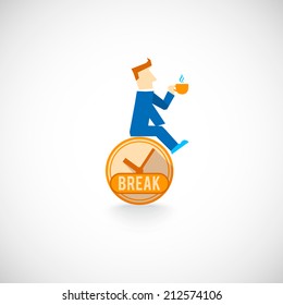 Strategic work day planning time management symbol flat icon with employee coffee break symbol abstract vector illustration