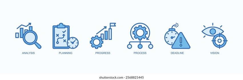 Strategic Workflow Icon Set Icon Set Isolated Vector Illustration Concept With Icon Of Analysis, Planning, Progress, Process, Deadline, Vision In Blue Style