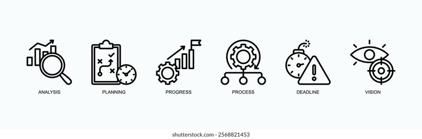 Strategic Workflow Icon Set Icon Set Isolated Vector Illustration Concept With Icon Of Analysis, Planning, Progress, Process, Deadline, Vision In Outline Style