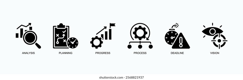Strategic Workflow Icon Set Icon Set Isolated Vector Illustration Concept With Icon Of Analysis, Planning, Progress, Process, Deadline, Vision In Glyph Style