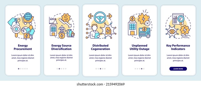 Strategical Energy Plan Onboarding Mobile App Screen. Energy Procurement Walkthrough 5 Steps Graphic Instructions Pages With Linear Concepts. UI, UX, GUI Template. Myriad Pro-Bold, Regular Fonts Used