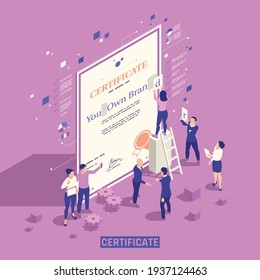 Strategical self marketing personal branding techniques skills management education isometric background composition with official certificate vector illustration