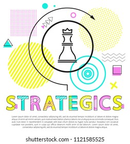 Strategics and steps analyzing vector illustration with geometric figures collection, planning text sample and queen icon surrounded by curved arrow