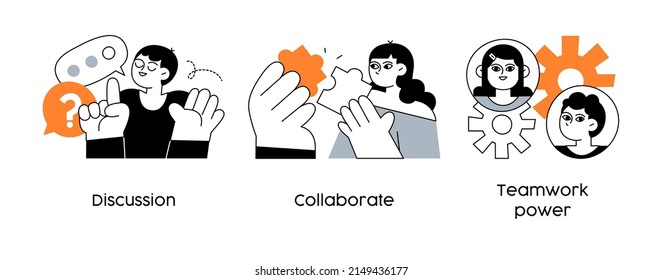 Strategies to Build Collaborative Teams - set of abstract business concept illustrations. Discussion, Collaborate, Teamwork power. Visual stories collecction.
