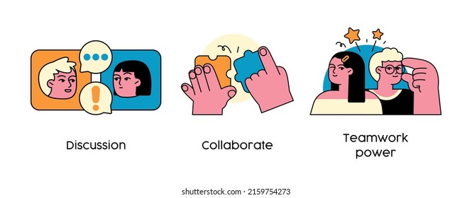 Strategies to Build Collaborative Teams - set of abstract business concept illustrations. Discussion, Collaborate, Teamwork power. Visual stories collecction.