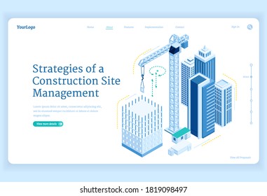 Strategies of construction site management banner. Engineering, manage and development project of house build. Vector landing page with isometric illustration of unfinished building and crane