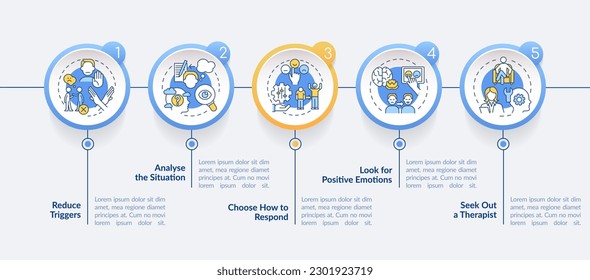 Strategies for emotional regulation circle infographic template. Data visualization with 5 steps. Editable timeline info chart. Workflow layout with line icons. Lato-Bold, Regular fonts used