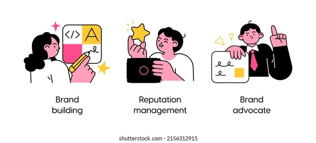 Strategies For Managing And Improving Brand Reputation - Set Of Business Concept Illustrations. Brand Building, Reputation Management, Brand Advocate. Visual Stories Collection.