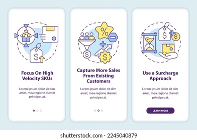 Strategies for raising prices onboarding mobile app screen. Walkthrough 3 steps editable graphic instructions with linear concepts. UI, UX, GUI template. Myriad Pro-Bold, Regular fonts used