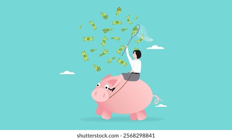 strategies for saving money, investment earning rising, businesswoman riding piggy bank catching money using butterfly net vector illustration