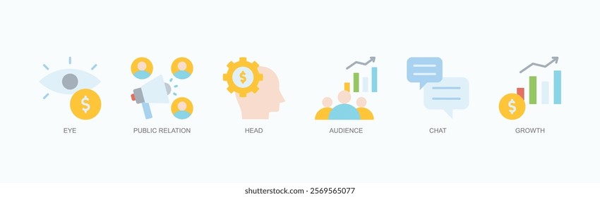 Strategies For Visibility, Engagement, And Growth Icon Set Isolated Vector Illustration Concept With Icon Of Eye, Public Relation, Head, Audience, Chat, Growth In Flat Style