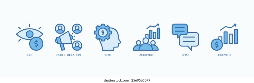 Strategies For Visibility, Engagement, And Growth Icon Set Isolated Vector Illustration Concept With Icon Of Eye, Public Relation, Head, Audience, Chat, Growth In Blue Style