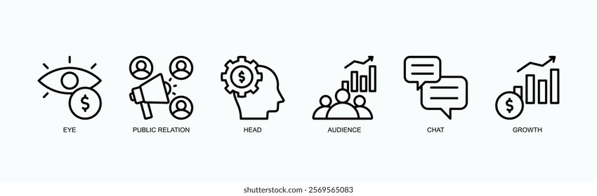 Strategies For Visibility, Engagement, And Growth Icon Set Isolated Vector Illustration Concept With Icon Of Eye, Public Relation, Head, Audience, Chat, Growth In Outline Style