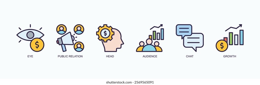 Strategies For Visibility, Engagement, And Growth Icon Set Isolated Vector Illustration Concept With Icon Of Eye, Public Relation, Head, Audience, Chat, Growth In Outline Color Style