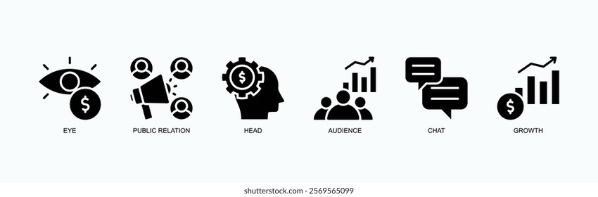 Strategies For Visibility, Engagement, And Growth Icon Set Isolated Vector Illustration Concept With Icon Of Eye, Public Relation, Head, Audience, Chat, Growth In Glyph Style