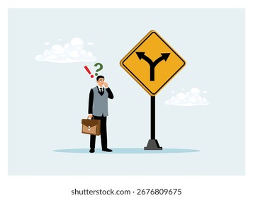 Estratégias para vencer nos negócios. Um empresário parece confuso ao tomar decisões de carreira.