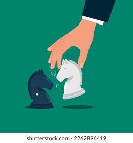 Strategist holding in hand chess figure white horse. Business strategy. Modern vector illustration in flat style