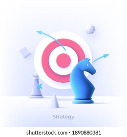 Strategy 3d design clay banner with chess figures and target, can be used for e-mail newsletter, web banners, headers, blog posts, print and more. Modern style logo vector illustration concept