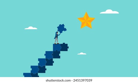 strategy to achieve hope in business or career, journey to achieve new hopes of career development, businessman making ladder from puzzle  to reach the star symbolizing successful goal achieve