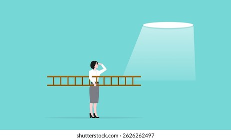 strategy to achieve new target or goal in business to get success, investment or wealth management, businesswoman using a ladder trying to get out through the ravine to freedom