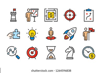 Strategy and action color line icons. Goals and plans vector linear colorful icon set. Isolated icon collection on white background.