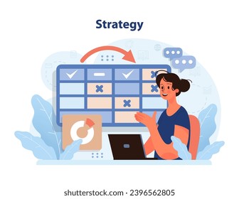 Strategy in action. Enthusiastic woman presents monthly planner, showcasing marked tasks and pie chart. Organized approach, performance metrics, tracking results. Decision-making process. Flat vector