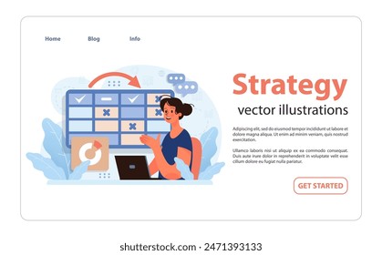 Strategie in Aktion. Begeisterte Frau präsentiert Monatsplaner, zeigt markierte Aufgaben und Tortendiagramm. Organisierter Ansatz, Leistungsmetriken, Tracking-Ergebnisse. Entscheidungsprozess. flache Vektorgrafik