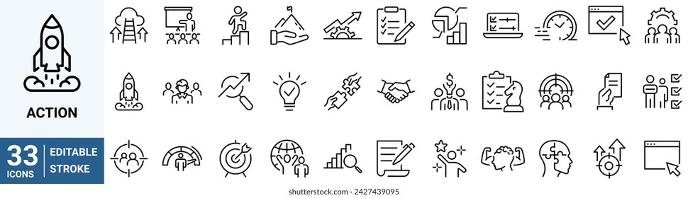 Strategy and action line icons. Containing planning, schedule, analysis, tasks, goal.