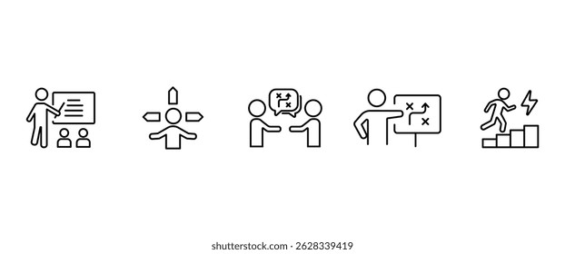 Strategy action planning Business line icon set. Containing strategy, analysis, planning, analysis, tasks, goal, implementation. UI thin vector icon set in transparent background. Editable stroke