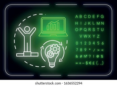 Strategy advantage neon light concept icon. Building goals. Winning challenge. Increase income. Outer glowing sign with alphabet, numbers and symbols. Vector isolated RGB color illustration