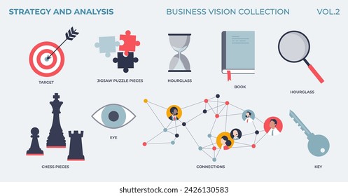 Strategy and analysis for effective and smart business vision tiny collection. Labeled elements with target, objectives, corporate connections, precise moves and high performance vector illustration.