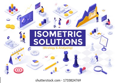 Strategy and analysis set - people analyzing statistics, statistical research, strategic business planning. Bundle of isometric design elements isolated on white background. Vector illustration.