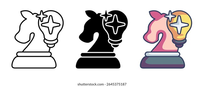 Strategy assistant icon represented by light bulb, horse pawn, Line, Filled, Color style.
