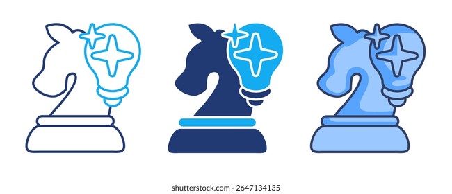 Strategy assistant icon represented by light bulb, horse pawn, Blue, Dualline, Dualtone style.
