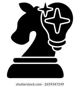 Ícone do assistente de estratégia representado por lâmpada, peão de cavalo, estilo Preenchido de preto.