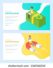 Strategy of attracting money, work with wireless pc. Man using laptop, woman holding coin, magnet and cash, crowdfunding online, marketing vector. Website or webpage template, landing page flat style
