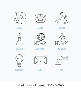 Strategy, auction and scales of justice icons. Save planet, water and lamp lightbulb linear signs. Faq and law hammer flat line icons. Linear set icons on white background.