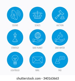 Strategy, auction and scales of justice icons. Save planet, water and lamp lightbulb linear signs. Faq and law hammer flat line icons. Blue circle buttons set. Linear icons.