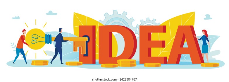 Strategy Banner Gold Key to Idea Cartoon Flat. Poster Close Up Big Inscription Idea. People Brought Golden Key to Unlock Idea. Flyer Woman Observes Actions Men. Vector Illustration.