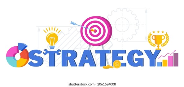 Strategiebanner. Mission, Vision und Plan, Analyse. Risiko und Geld, Qualität und Ziel. Kontrolle und Umsetzung. Flache Vektorgrafik.