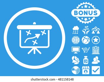 Strategy Board icon with bonus. Vector illustration style is flat iconic symbols, white color, blue background.