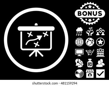 Strategy Board icon with bonus. Vector illustration style is flat iconic symbols, white color, black background.