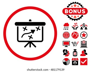 Strategy Board icon with bonus. Vector illustration style is flat iconic bicolor symbols, intensive red and black colors, white background.