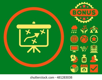 Strategy Board icon with bonus. Vector illustration style is flat iconic bicolor symbols, orange and yellow colors, green background.