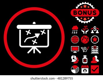 Strategy Board icon with bonus. Vector illustration style is flat iconic bicolor symbols, red and white colors, black background.