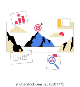 Strategy Board With Target And Data Charts In Flat Vector Illustration Symbolizing Planning, Goals, And Analysis, Isolated On White Background