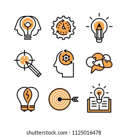 Strategy, brainstorming, solutions and inventions design, vector icons set.