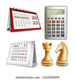 Strategy Business Accessories And Game Set Vector. Accountant Calculator For Counting Finance, Calendar For Managing Meeting And Chess Figures For Playing Game Template Realistic 3d Illustrations